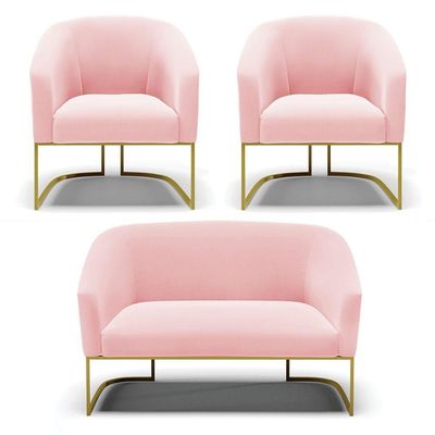 Namoradeira E 2 Poltronas Base Industrial Dourado Stella Suede D03 - D'rossi Cor Rosa Bebê