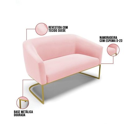 Namoradeira E 2 Poltronas Base Industrial Dourado Stella Suede D03 - D'rossi Cor Rosa Bebê