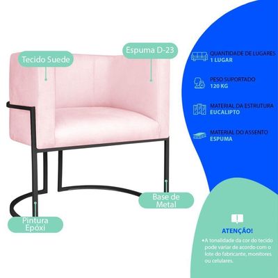 Poltrona Dália Luxo Moderna Estofada Design Sofisticado Com Base De Ferro Preto Suede Rosa Bebê