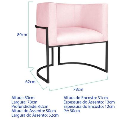Poltrona Dália Luxo Moderna Estofada Design Sofisticado Com Base De Ferro Preto Suede Rosa Bebê