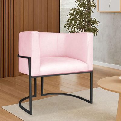 Poltrona Dália Luxo Moderna Estofada Design Sofisticado Com Base De Ferro Preto Suede Rosa Bebê