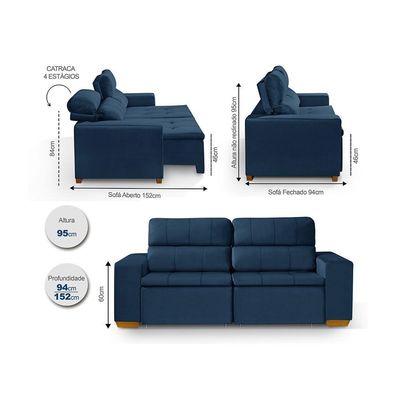Sofá 3 Lugares 195cm Com Molas, Retrátil E Reclinável Azul