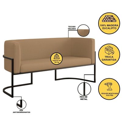 Sofá 2 Lugares Veludo Com Base De Metal Preta Capuccino