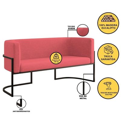 Sofá 2 Lugares Com Base De Metal Preto Reforçada Rosa