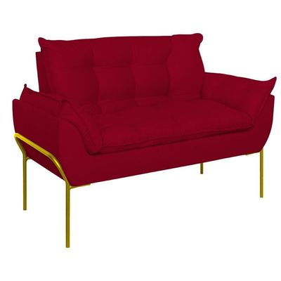 Sofá Namoradeira Base Metal Dourada Reforçada Tecido Suede Vermelho