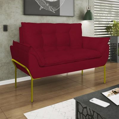 Sofá Namoradeira Base Metal Dourada Reforçada Tecido Suede Vermelho
