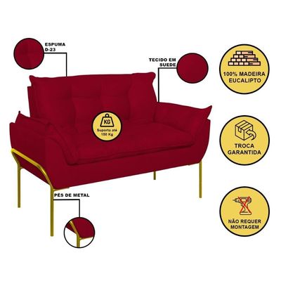 Sofá Namoradeira Base Metal Dourada Reforçada Tecido Suede Vermelho