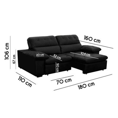 Sofa Retratil Reclinavel 2 Lugares 1,80m Crystal Veludo Preto Lansofbr