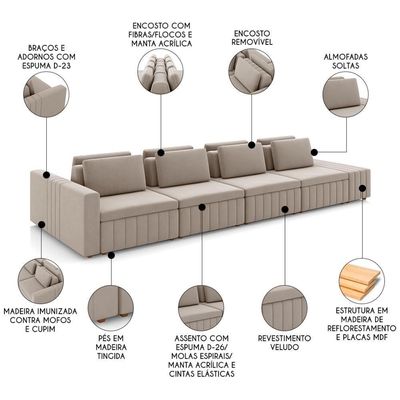 Sofá Ilha E Puff Sala Living 465cm Siesta M22 Veludo Bege - Mpozenato