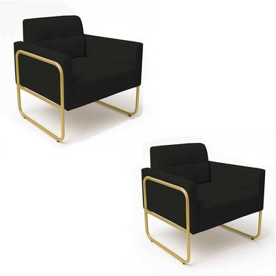 Poltrona Sala Industrial Alta Tubo Dourado Kit 2 Elisa Linho D03 - D'rossi Preto