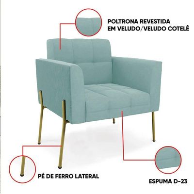 Poltrona Sala Decorativa Elisa Pé De Aço Lateral Dourado Cotelê Ext-veludo D03 - D'rossi Menta