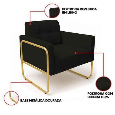 Poltrona Sala Industrial Alta Tubo Dourado Kit 2 Elisa Linho D03 - D'rossi Preto