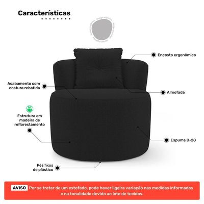 Kit Sofá E Poltrona Orgânica Living Bob Com Almofadas Bouclê Preto - Desk Design
