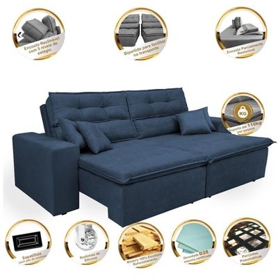 Sofá Cairo 2,02m Retrátil, Reclinável Tecido Suede Azul
