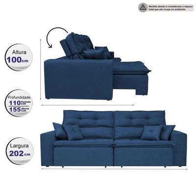 Sofá Cairo 2,02m Retrátil, Reclinável Tecido Suede Azul