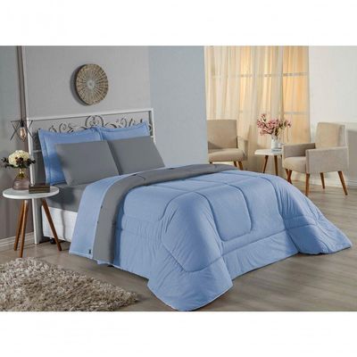 Edredom Casal Nobre 1 Peça Dupla Face 2,00m X 2,20m Malha 100% Algodão - Azul-bebê / Cinza
