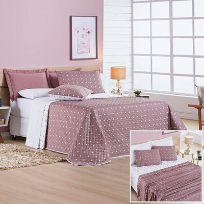 Cobre Leito + Jogo De Cama King + Jogo De Banho Petit Poá 12 Peças 100% Poliéster - Rose