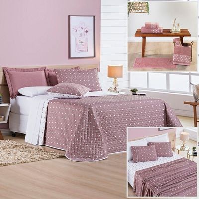 Cobre Leito + Jogo De Cama King + Jogo De Banho Petit Poá 12 Peças 100% Poliéster - Rose