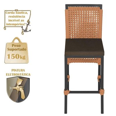 Mesa Bistrô E 4 Banquetas Roma Preta Corda Estofado 9 Trama Terra Cota