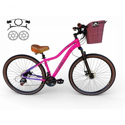 Bicicleta Aro 29 Feminina Absolute Hera Retrô Vintage 21v Hidráulica Selim Confortável Cesta Rosa-lilas Tamano 17