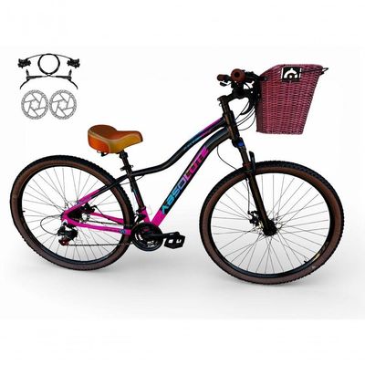 Bicicleta Aro 29 Feminina Absolute Hera Retrô Vintage 21v Hidráulica Selim Confortável Cesta Preto-rosa Tamano 15