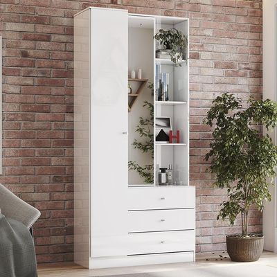 Armário Multiuso 2 Portas 3 Gavetas Doha Branco Com Espelho - Móveis Henn Branco