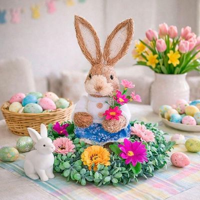 Arranjo Decoração Coelho Páscoa Flores Centro De Mesa 30cm