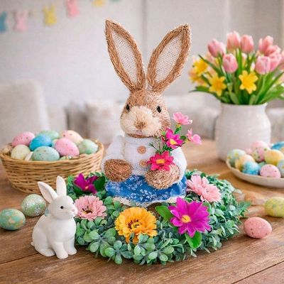 Arranjo Decoração Coelho Páscoa Flores Centro De Mesa 30cm