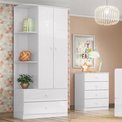Jogo De Quarto Infantil Labirinto Com Guarda Roupa E Cômoda Branco - Móveis Henn Branco