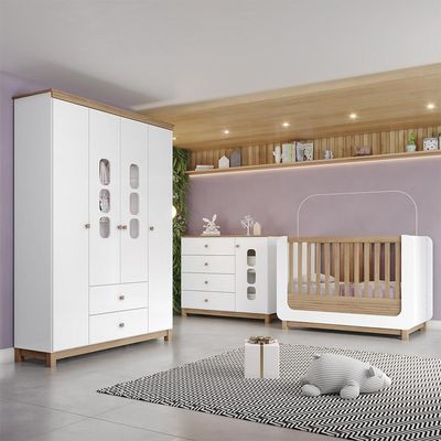 Dormitório Infantil Aconchego Guarda Roupa, Cômoda E Berço Branco-jequitibá - Móveis Henn Branco-jequitibá
