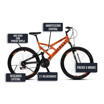 Bicicleta Gps 148 Dupla Suspensão E Freios V-brake, Aro 26 Aero, 36 Raias, 21 Marchas Colli Laranja