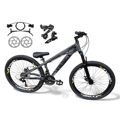 Bicicleta aro26 Vikingx Tuff Câmbios Shimano Freio Hidráulico 21v Freeride aroVmaxx Flame CinzaPreto