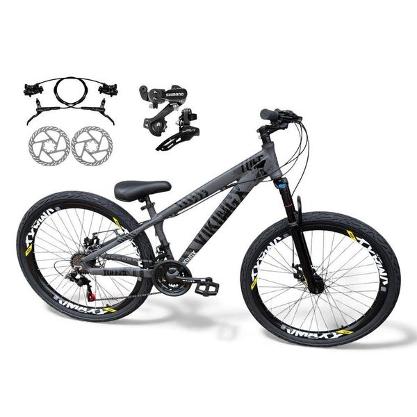 Bicicleta aro26 Vikingx Tuff Câmbios Shimano Freio Hidráulico 21v Freeride aroVmaxx Flame CinzaPreto