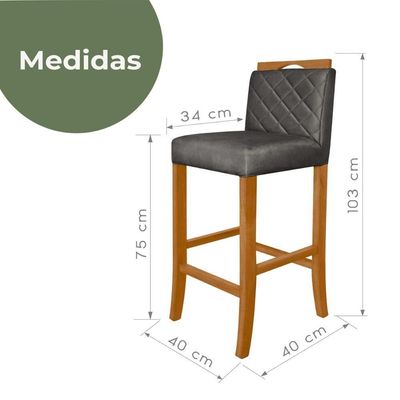 Kit 2 Banquetas Altas Madeira Estofadas Com Encosto Multimóveis Cr15019 Madeirado-Cinza