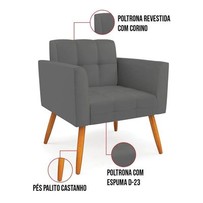 Poltrona Decorativa Elisa Sala Sintético Grafite Pés Palito Castanho D'Rossi