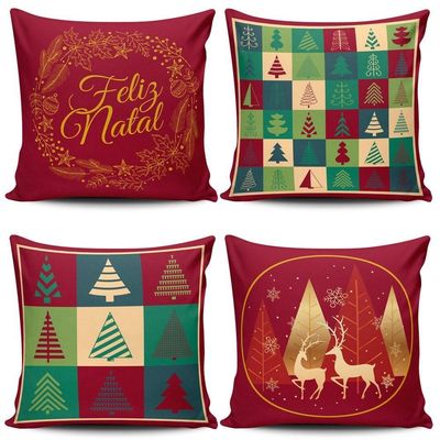Kit Com 4 Capas De Almofadas Estampadas Natalinas Feliz Natal 45cm X 45cm - Decoração Festas Fim De Ano
