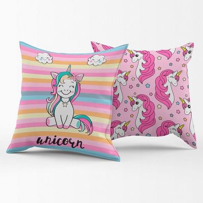 Par De Almofadas Cheias Estampadas Unicórnio Listrado Pink 45cm X 45cm - Enchimento Refil Em Silicone