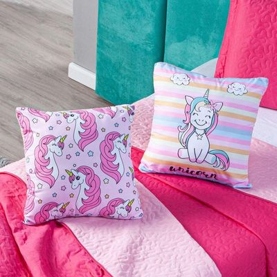 Par De Almofadas Cheias Estampadas Unicórnio Listrado Pink 45cm X 45cm - Enchimento Refil Em Silicone