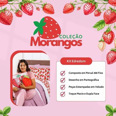 Kit Edredom Solteiro Morangos Rosê Com Almofadas Estampadas 05 Peças - Dupla Face Percal 300 Fios
