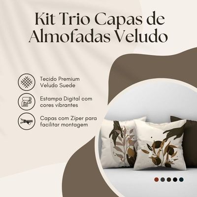 Kit Trio Capas De Almofadas Estampadas Folhas Em Veludo Suede 45cm X 45cm - Decoração Luxo Para Sala Cor Tabaco