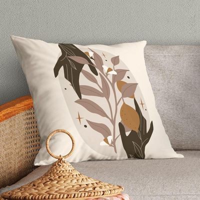Kit Trio Capas De Almofadas Estampadas Folhas Em Veludo Suede 45cm X 45cm - Decoração Luxo Para Sala Cor Tabaco