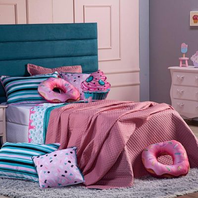 Kit Cobre Leito Colcha Solteiro Cake Donuts Rosê/tiffany Dupla Face Com Almofadas Estampadas 06 Peças
