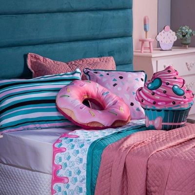 Kit Cobre Leito Colcha Solteiro Cake Donuts Rosê/tiffany Dupla Face Com Almofadas Estampadas 06 Peças