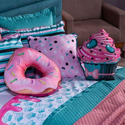 Kit Cobre Leito Colcha Solteiro Cake Donuts Rosê/tiffany Dupla Face Com Almofadas Estampadas 06 Peças