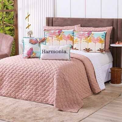 Kit Cobre Leito Colcha Solteiro Verano Com Almofadas Estampadas 05 Peças - Dupla Face Percal 300 Fios Matelado Cor Arara