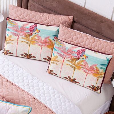 Kit Cobre Leito Colcha Solteiro Verano Com Almofadas Estampadas 05 Peças - Dupla Face Percal 300 Fios Matelado Cor Arara
