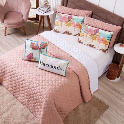 Kit Cobre Leito Colcha Solteiro Verano Com Almofadas Estampadas 05 Peças - Dupla Face Percal 300 Fios Matelado Cor Arara