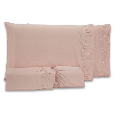 Jogo De Cama Lençol Queen Blossom Bordado Floral Percal 300 Fios Com Fronhas 04 Peças - Toque Acetinado Cor Rosê