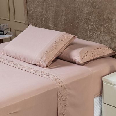 Jogo De Cama Lençol Queen Blossom Bordado Floral Percal 300 Fios Com Fronhas 04 Peças - Toque Acetinado Cor Rosê