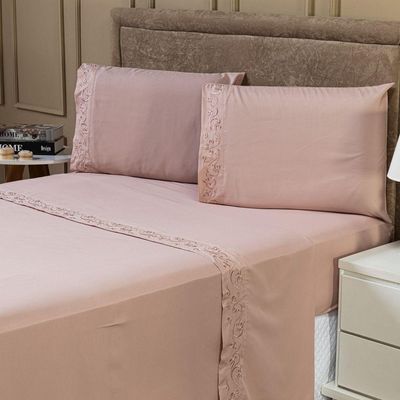 Jogo De Cama Lençol Queen Blossom Bordado Floral Percal 300 Fios Com Fronhas 04 Peças - Toque Acetinado Cor Rosê